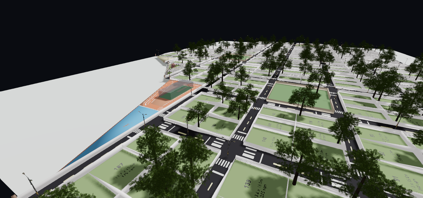 3D township plot layout with roads and amenities